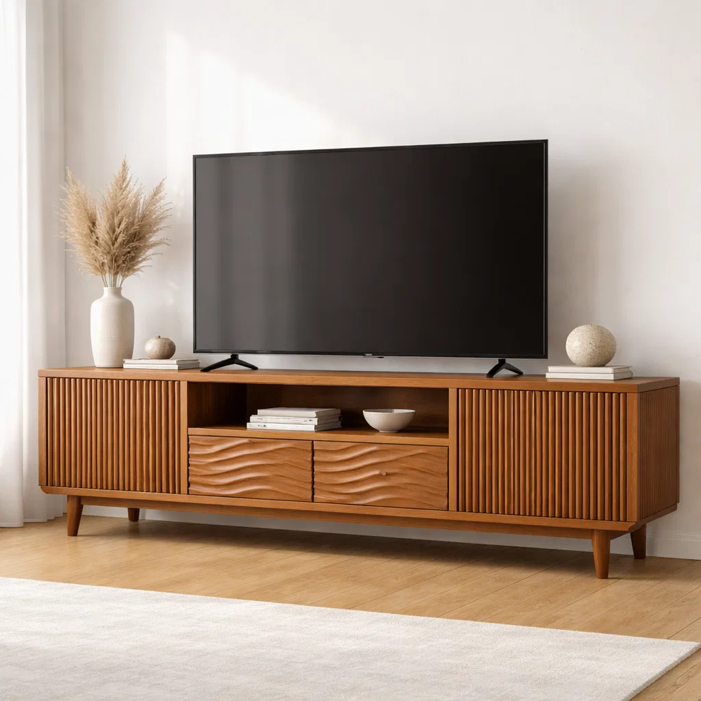 Modern Wood TV Cabinet with Slatted Doors & Wave Drawer – Media Console Storage