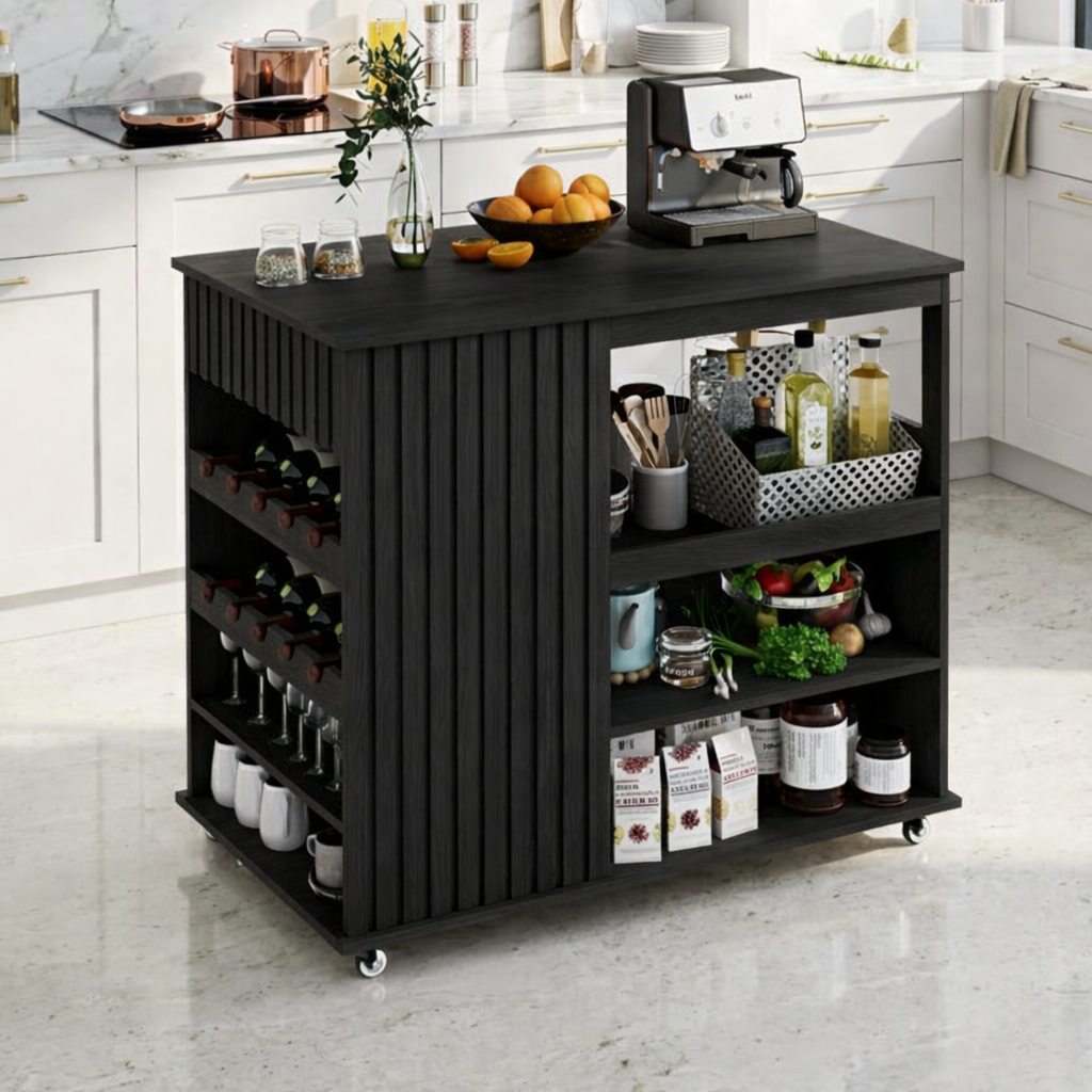 Rolling Kitchen Island with Wine Rack Storage Shelves, Modern Prep Cart for Home Kitchen Use