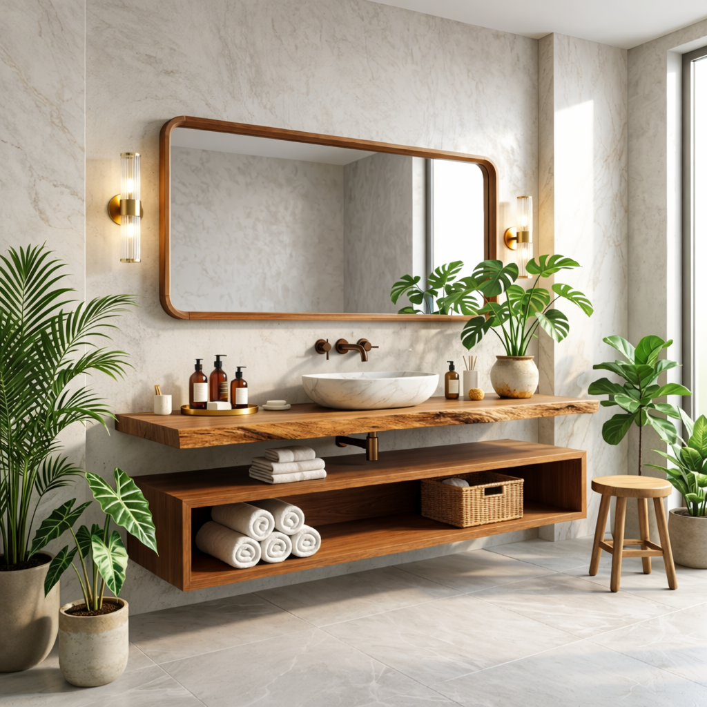 Floating Vanity with Natural Wood Finish and Open Shelf for Bathroom
