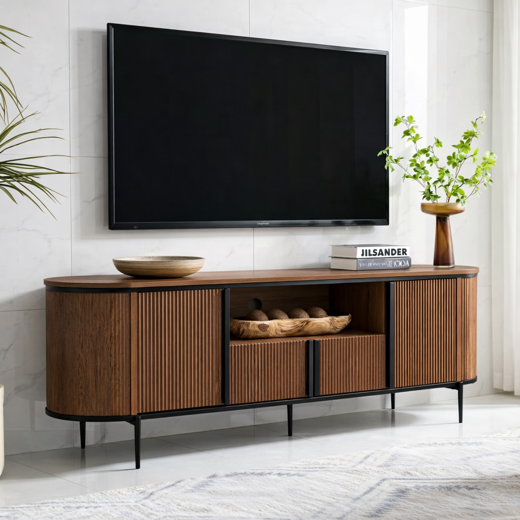 Modern Solid Wood TV Stand Curved Fluted Media Console with Metal Base Storage