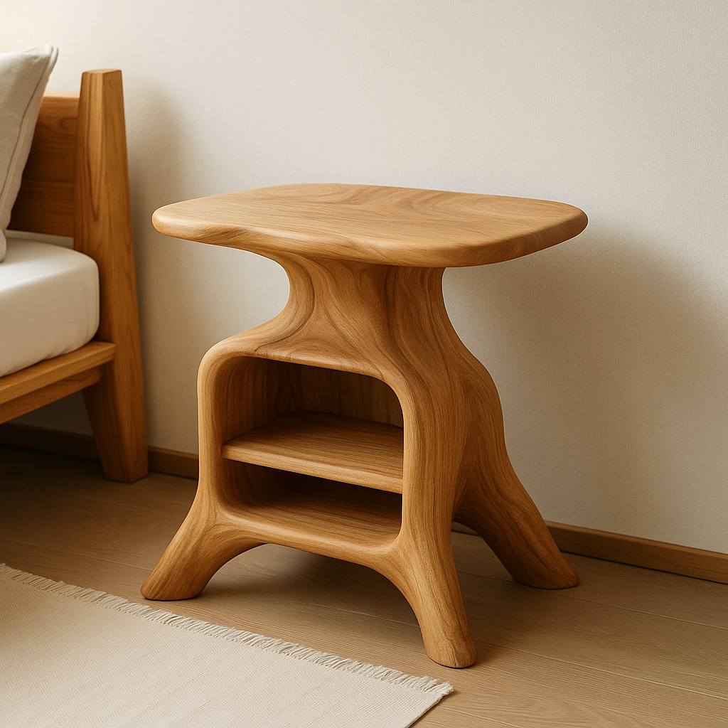 Contemporary Wooden Nightstand with Smooth Curves and Open Storage - Natural Oak