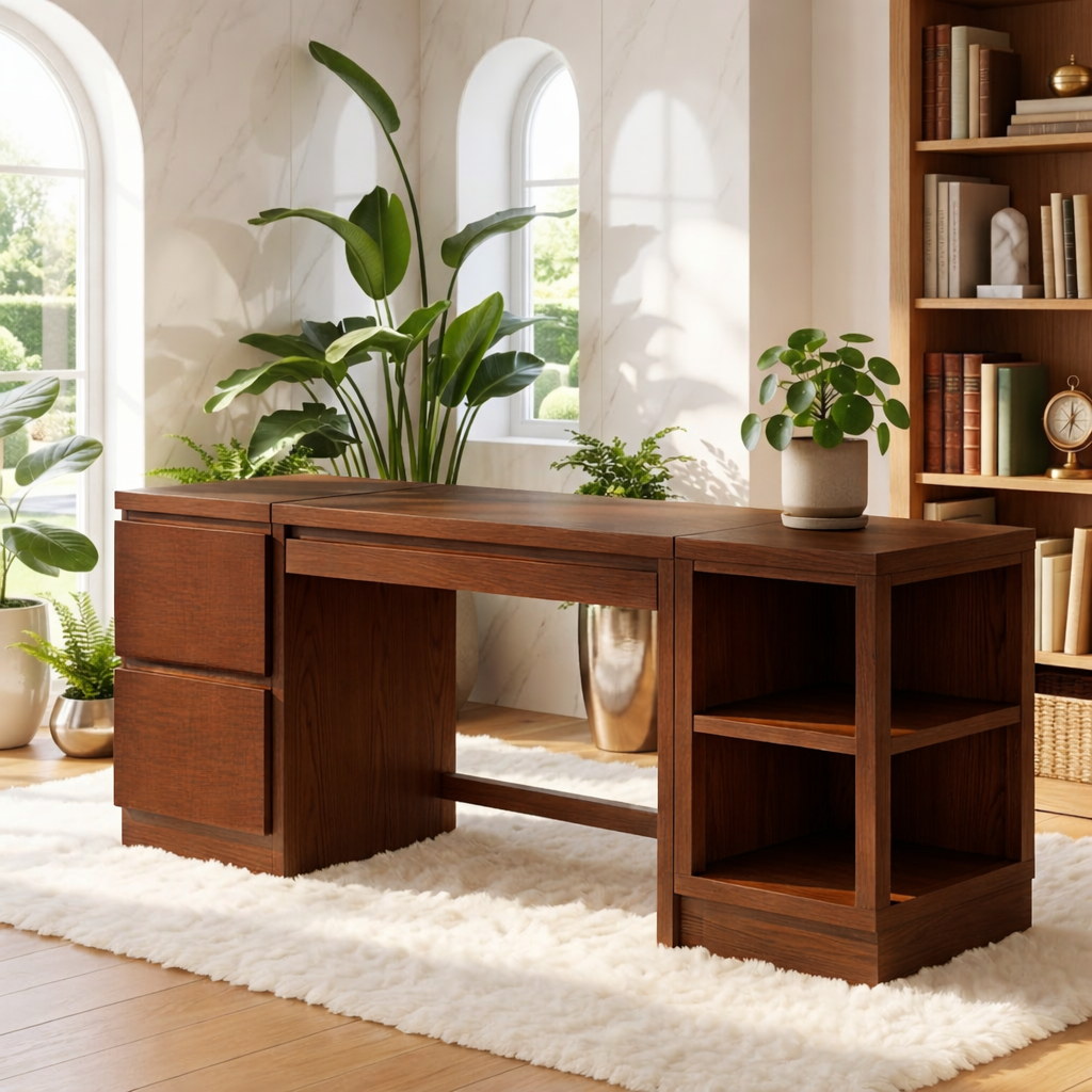 Modern Executive Desk with Storage Cabinet and Shelves Home Office Work Table Design