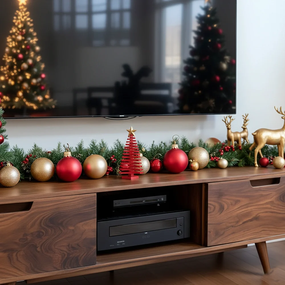 Solid Wood TV Stand Mid Century Walnut Media Console with Storage Cabinet