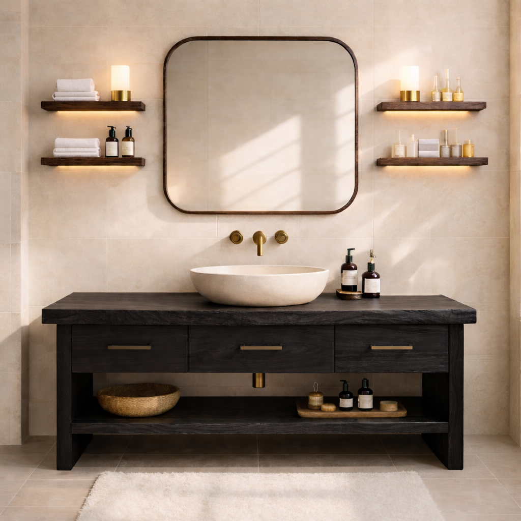 Modern Rustic Solid Wood Bathroom Vanity Cabinet With Drawers And Open Shelf