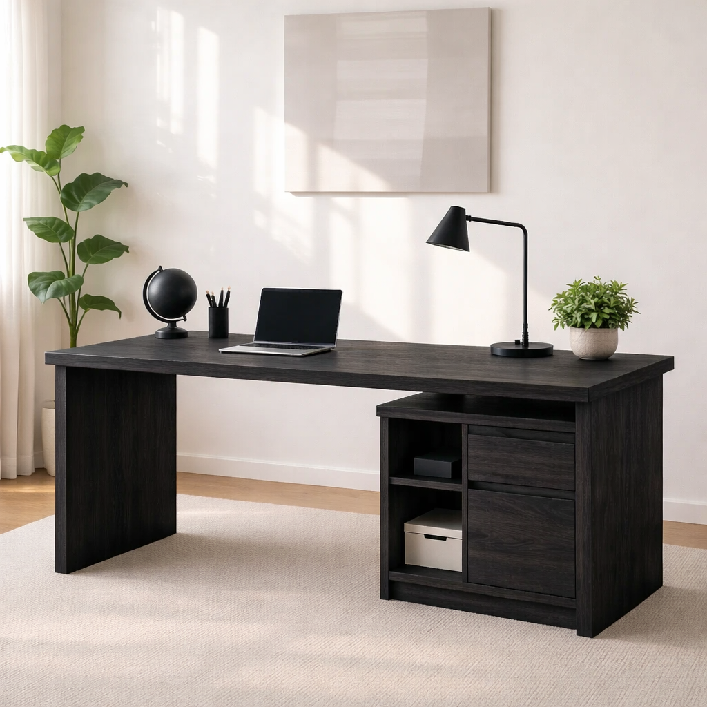 Modern Walnut Desk with Storage Cabinet – Minimalist Home Office Setup