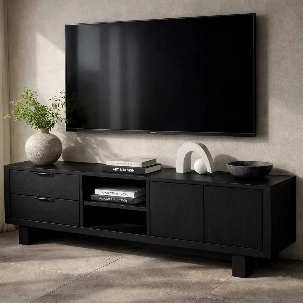 Solid Wood TV Cabinet with Drawers, Doors & Open Shelf – Modern Media Console