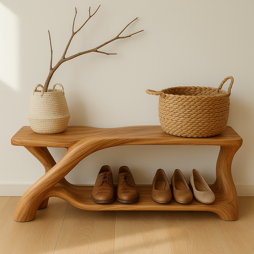 Modern Wooden Shoe Storage Bench – Solid Wood Entryway Bench with Shelf