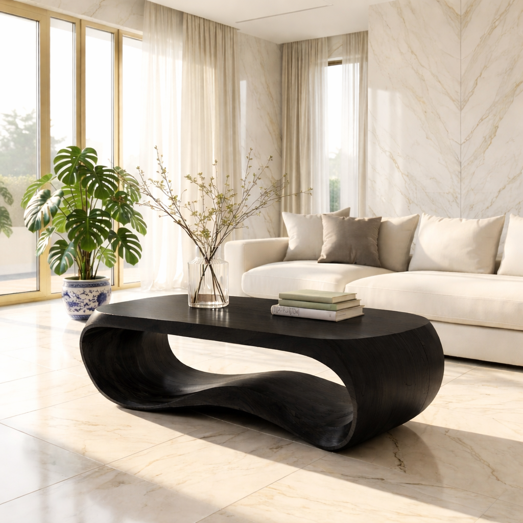 Contemporary Sculptural Wood Coffee Table with Curved Design