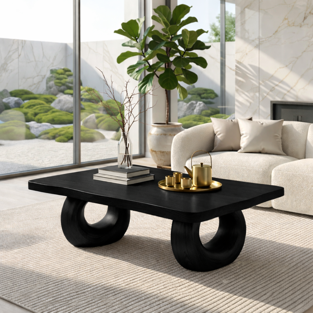 Solid Wood Sculptural Coffee Table with Round Carved Base, Modern Designer Living Room Table