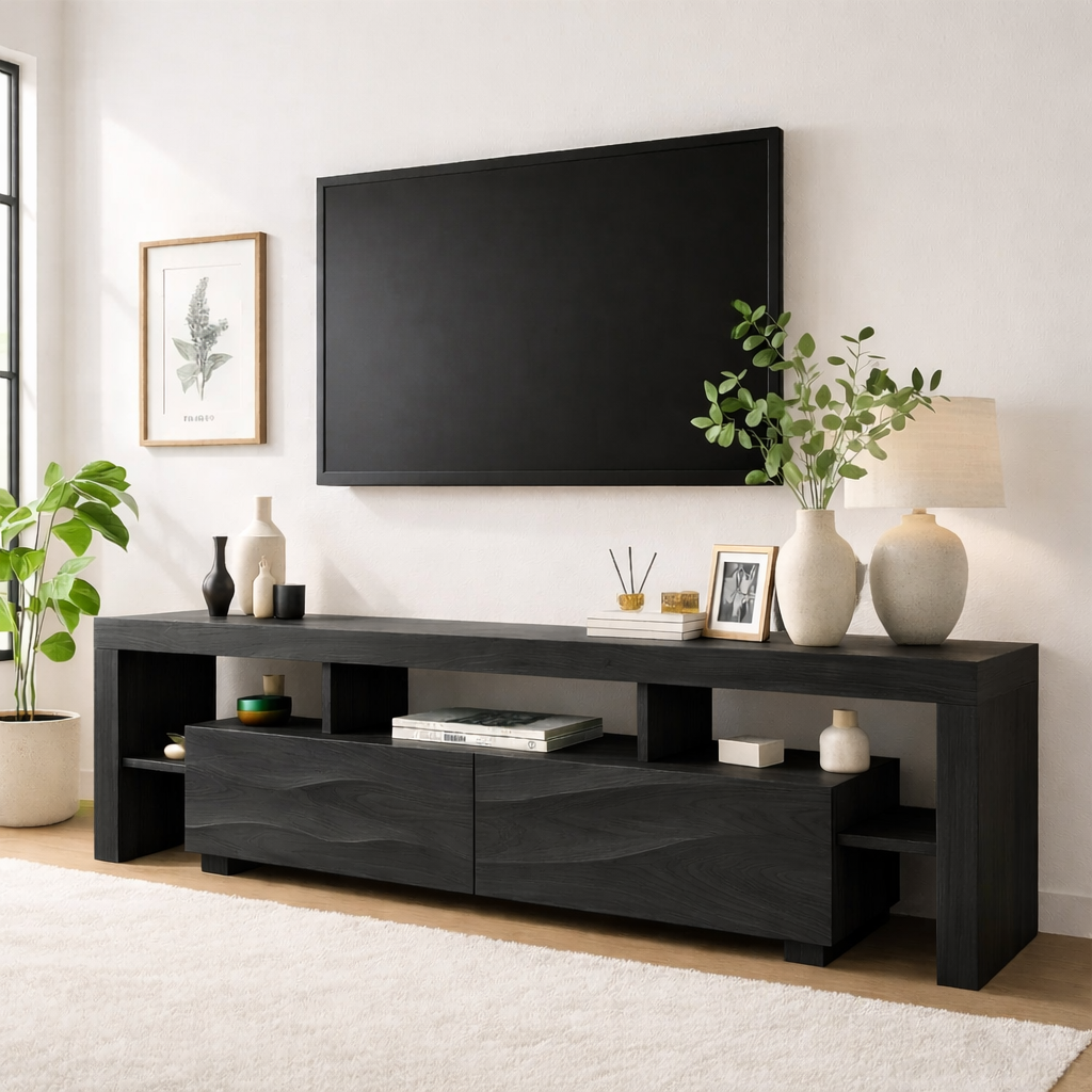 Modern Wave Front Wood TV Stand Long Media Console With Open Shelves Entertainment Center