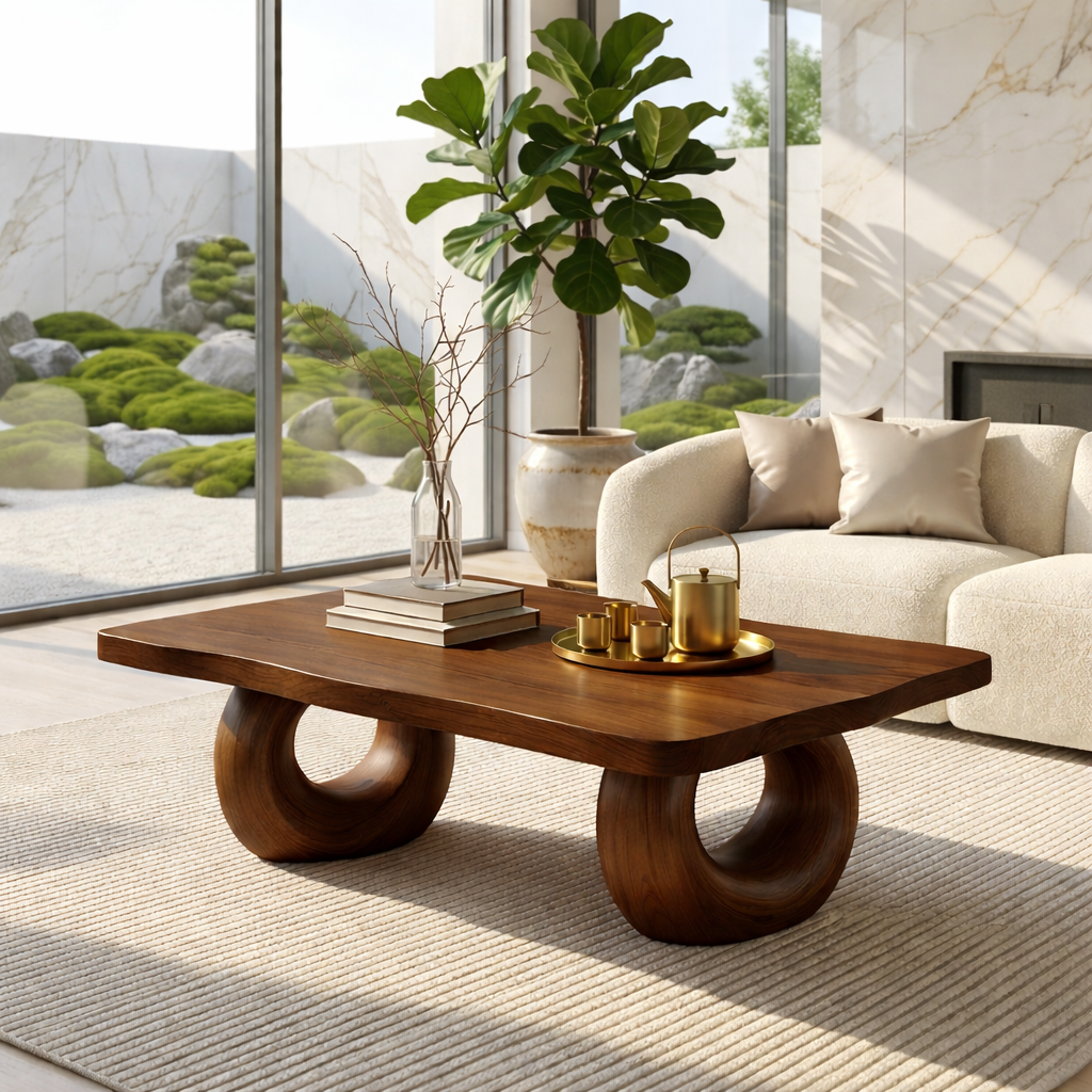 Solid Wood Sculptural Coffee Table with Round Carved Base, Modern Designer Living Room Table
