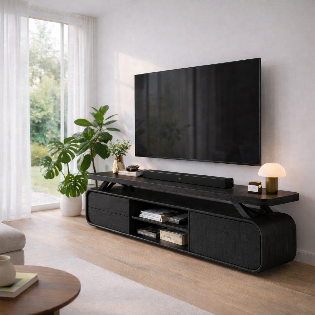 Modern Solid Wood TV Console with Curved Edges & Open Shelf Storage