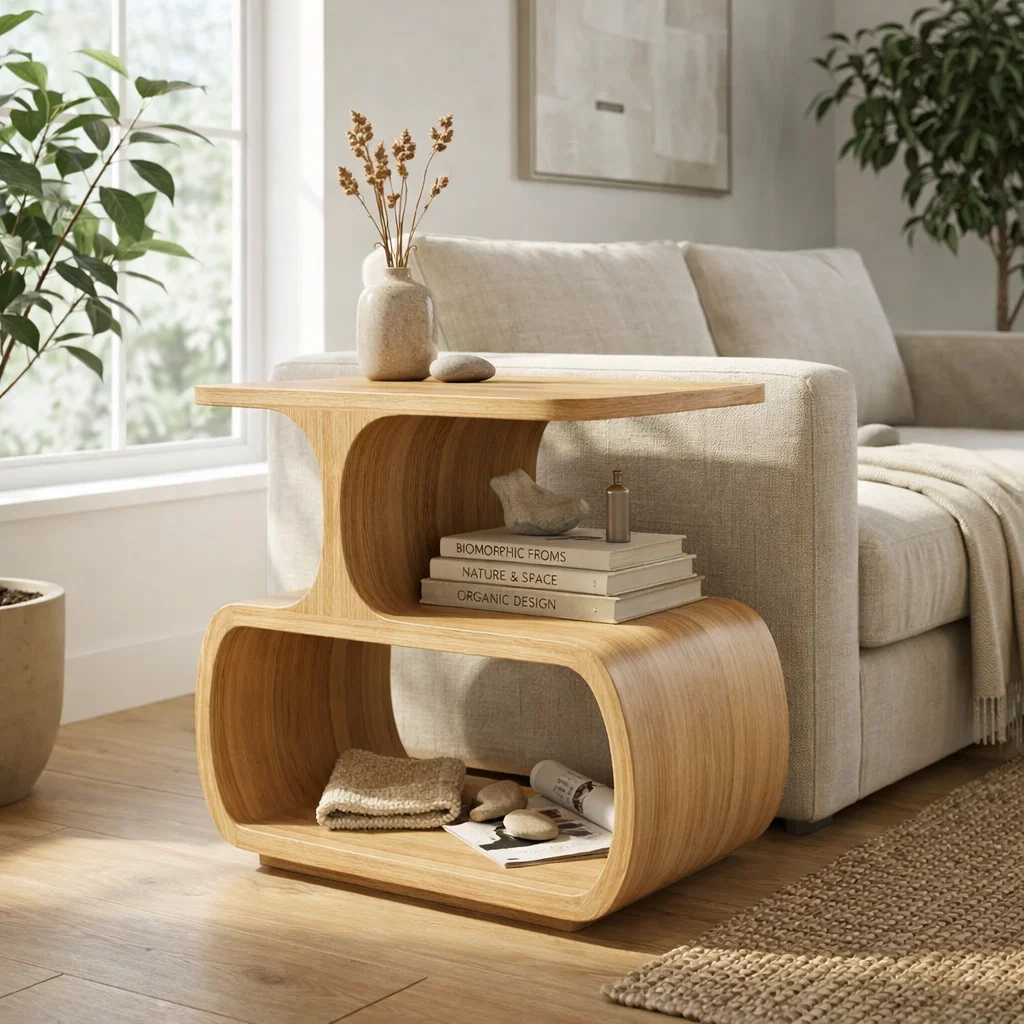 Solid Wood Sculptural End Table with Storage Shelves – Modern Curved Side Table