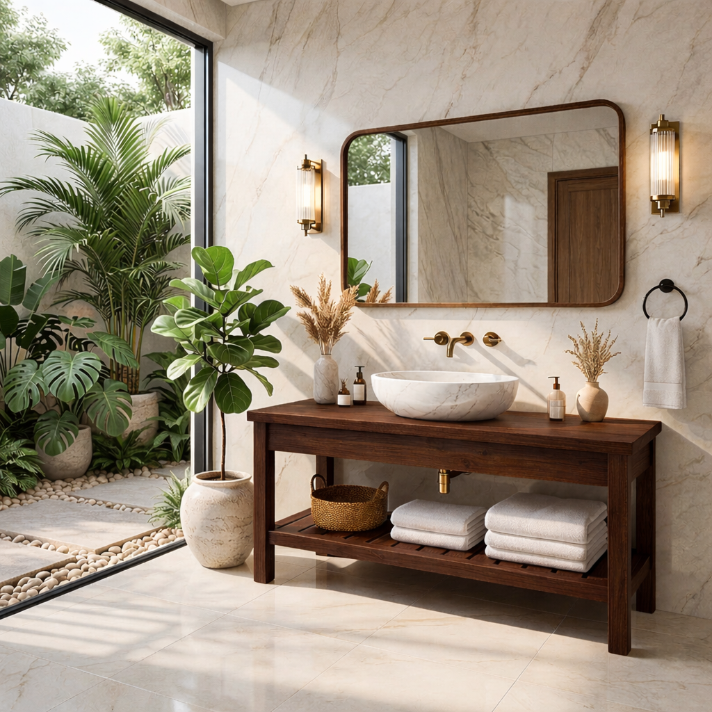 Modern Oak Bathroom Vanity with White Marble Sink and Golden Fixtures