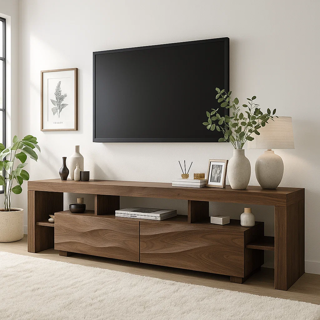 Modern Wave Front Wood TV Stand Long Media Console With Open Shelves Entertainment Center