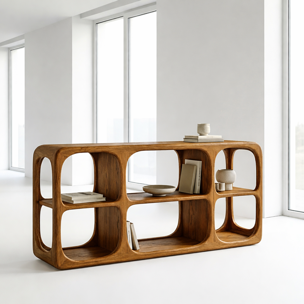 Minimalist Light Oak Console Cabinet - Sculptural Open Shelf Sideboard
