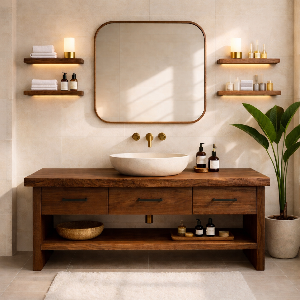 Modern Rustic Solid Wood Bathroom Vanity Cabinet With Drawers And Open Shelf
