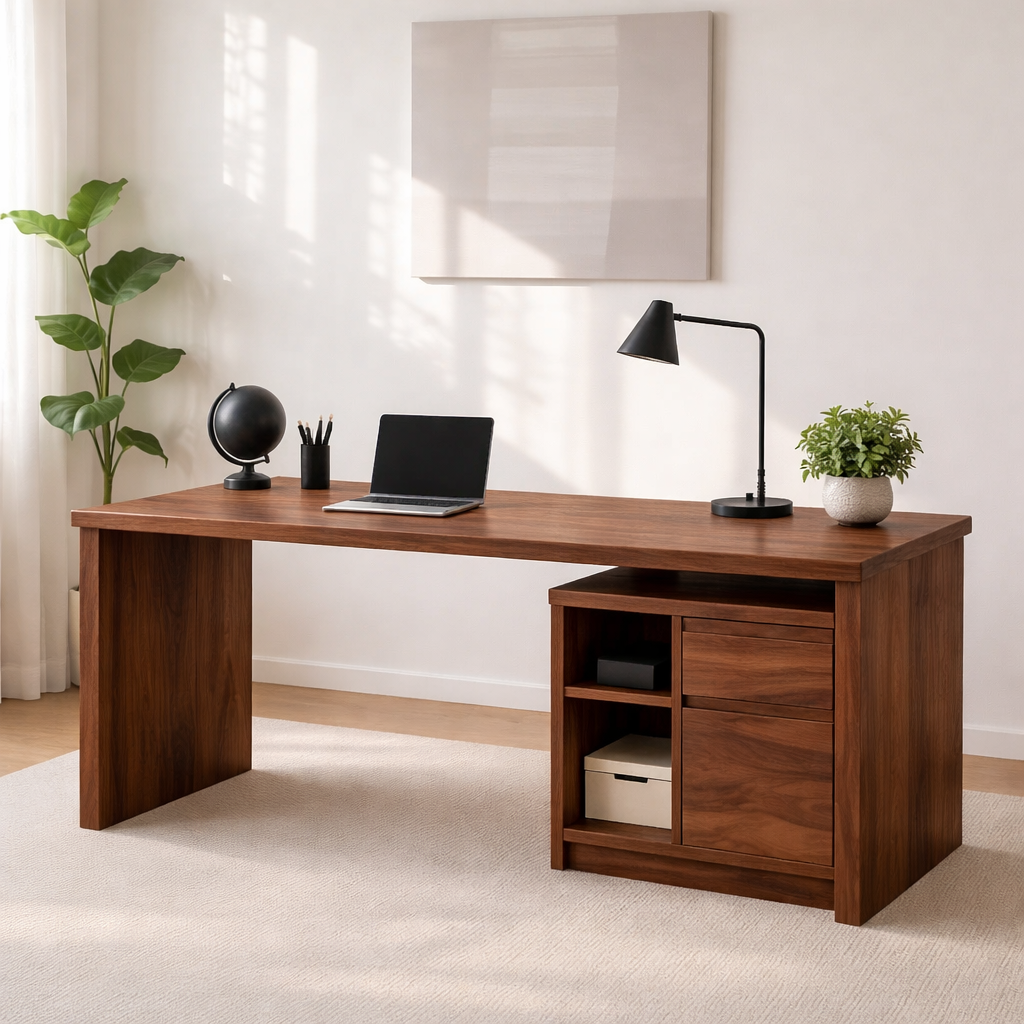 Modern Walnut Desk with Storage Cabinet – Minimalist Home Office Setup
