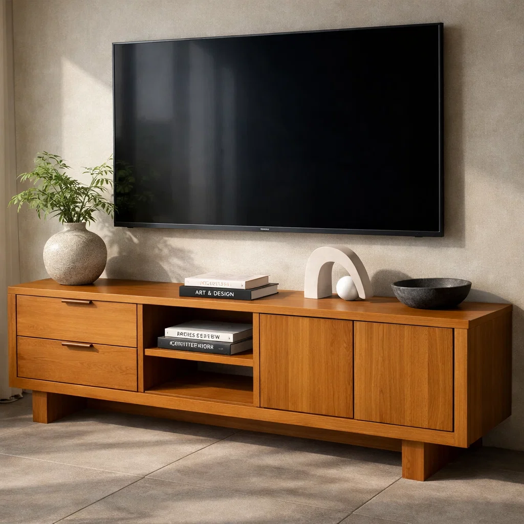 Solid Wood TV Cabinet with Drawers, Doors & Open Shelf – Modern Media Console