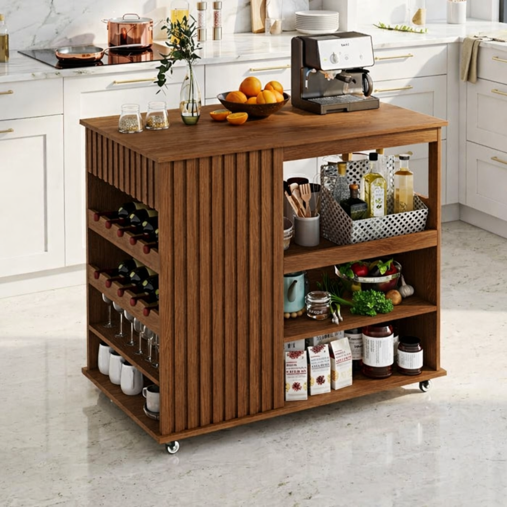 Rolling Kitchen Island with Wine Rack Storage Shelves, Modern Prep Cart for Home Kitchen Use