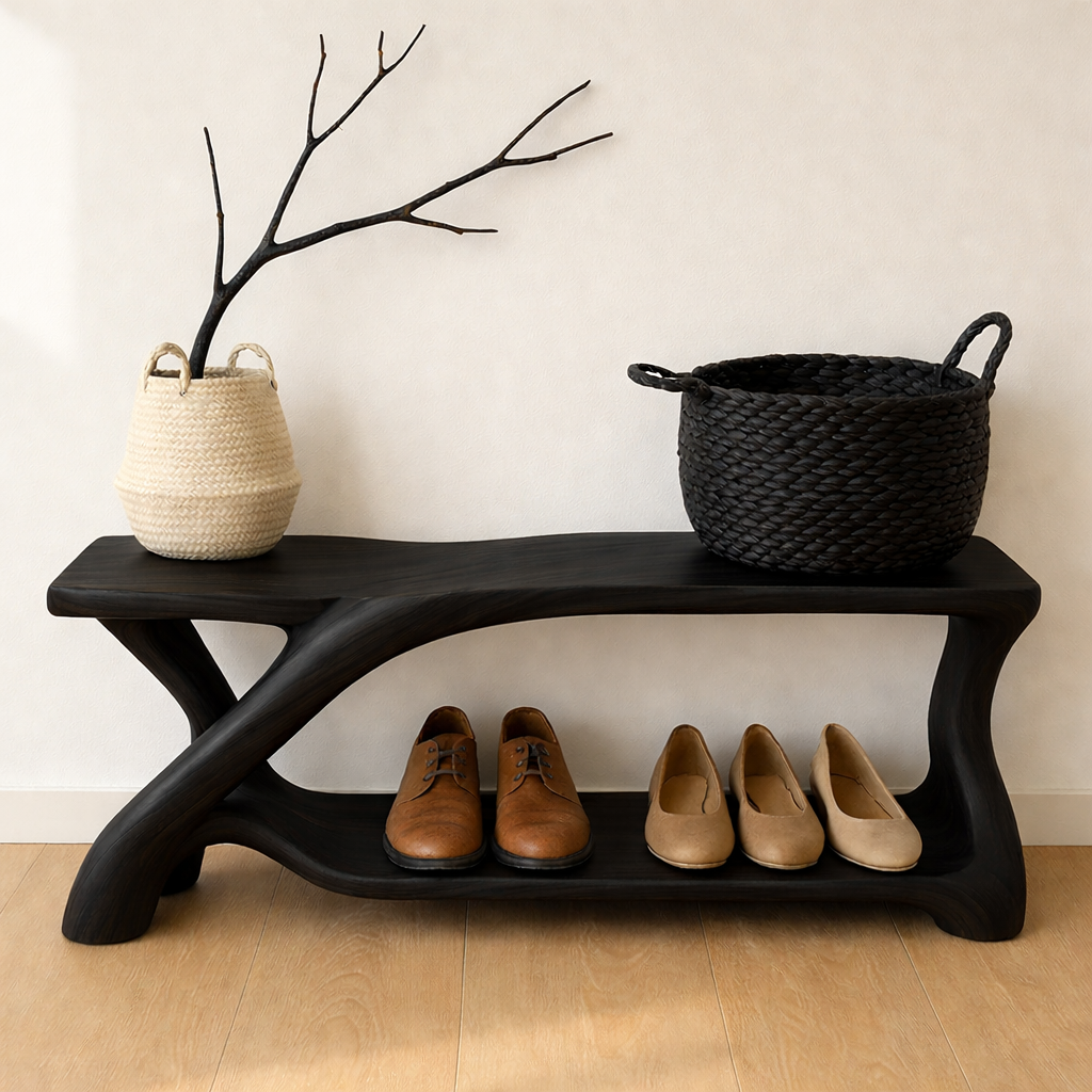 Modern Wooden Shoe Storage Bench – Solid Wood Entryway Bench with Shelf