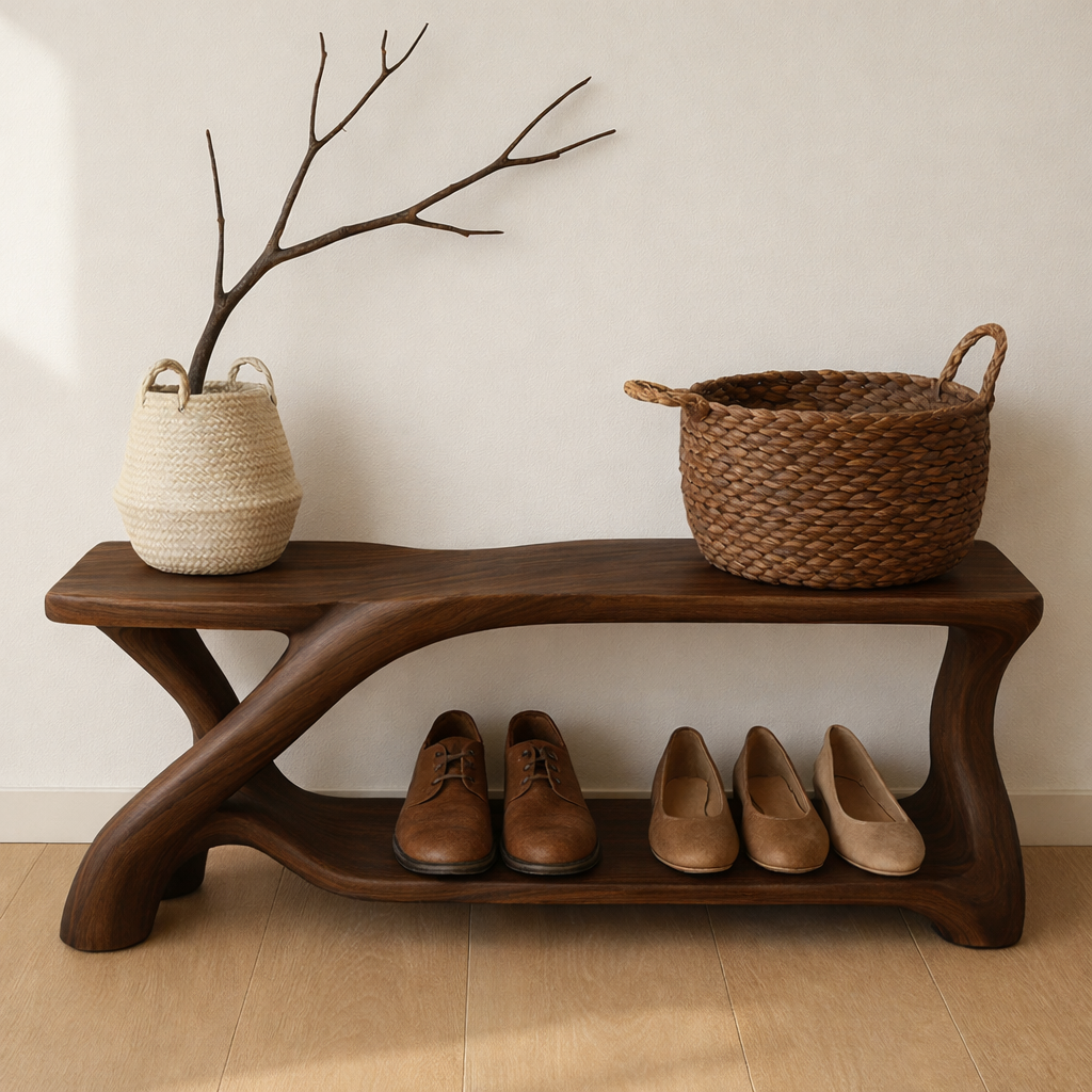 Modern Wooden Shoe Storage Bench – Solid Wood Entryway Bench with Shelf