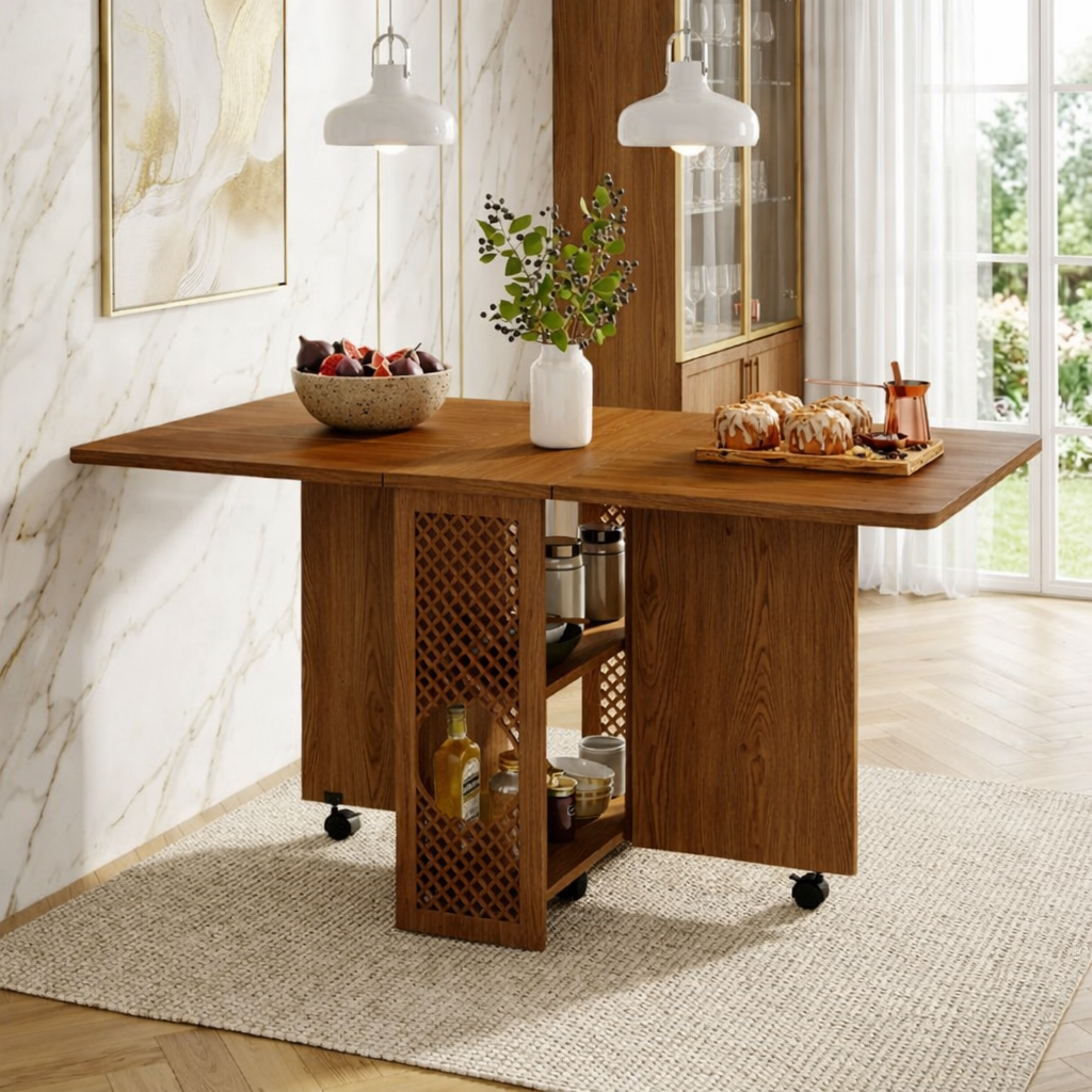 Rolling Kitchen Island with Drop Leaf Table, Storage Shelves, Folding Dining Cart for Small Spaces