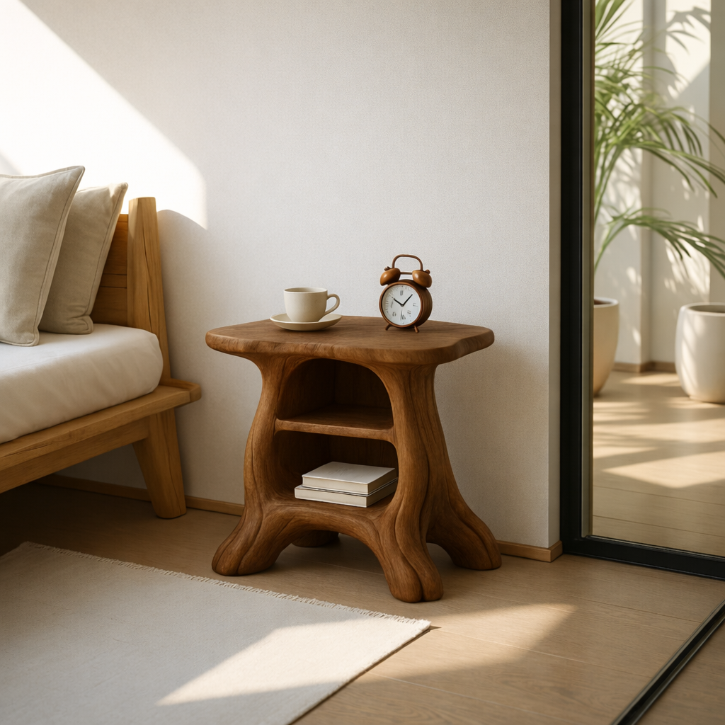 Modern Wooden Nightstand with Curved Base and Spacious Shelves - Wood Design