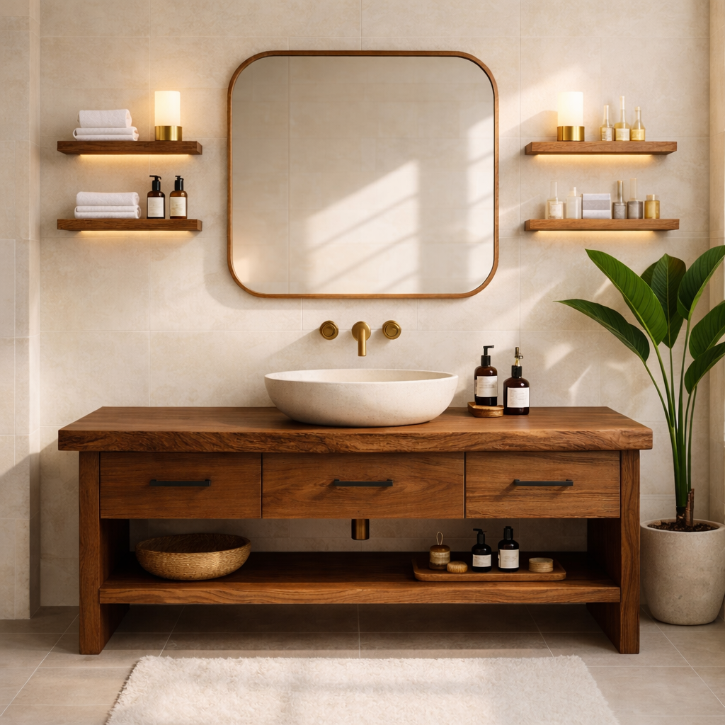 Modern Rustic Solid Wood Bathroom Vanity Cabinet With Drawers And Open Shelf