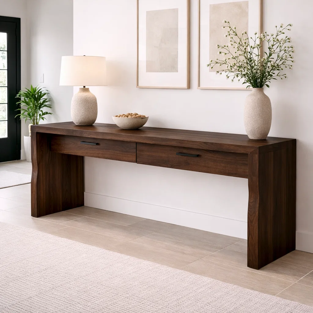Solid Wood Console Table with Drawers – Modern Entryway Storage Cabinet