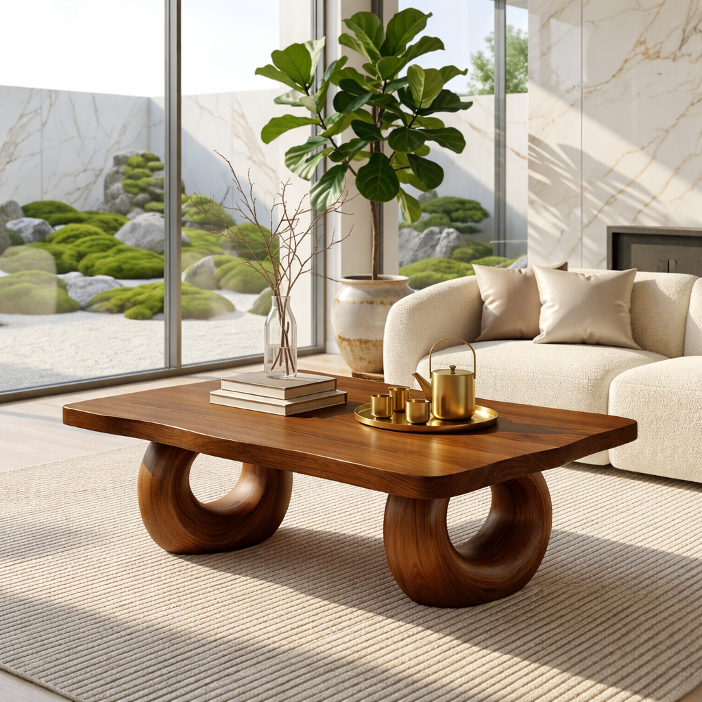 Solid Wood Sculptural Coffee Table with Round Carved Base, Modern Designer Living Room Table
