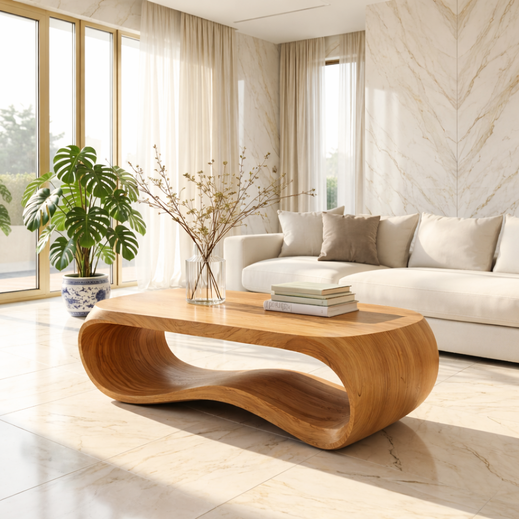 Contemporary Sculptural Wood Coffee Table with Curved Design