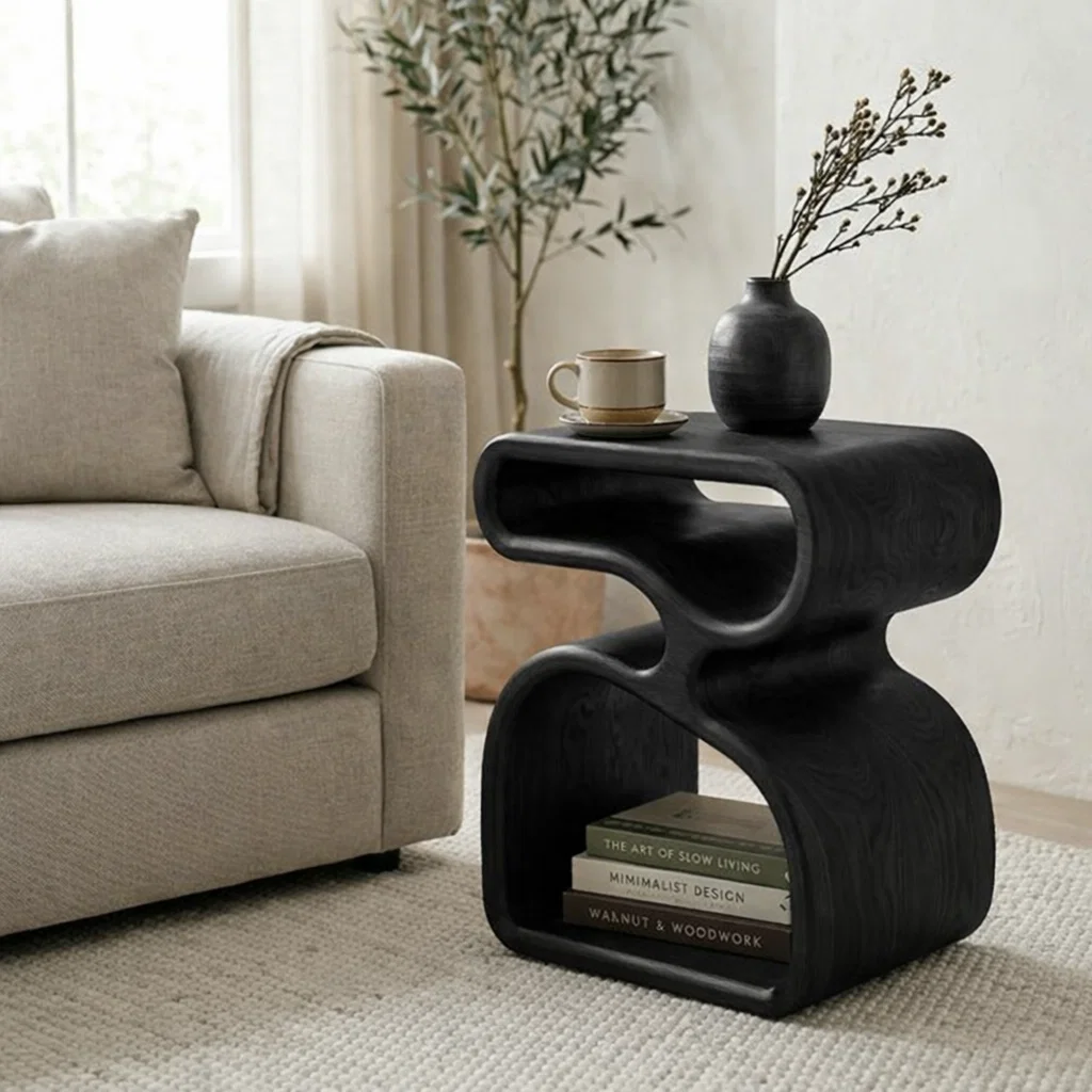 Organic Solid Wood End Table with Sculptural Curves and Storage Shelf