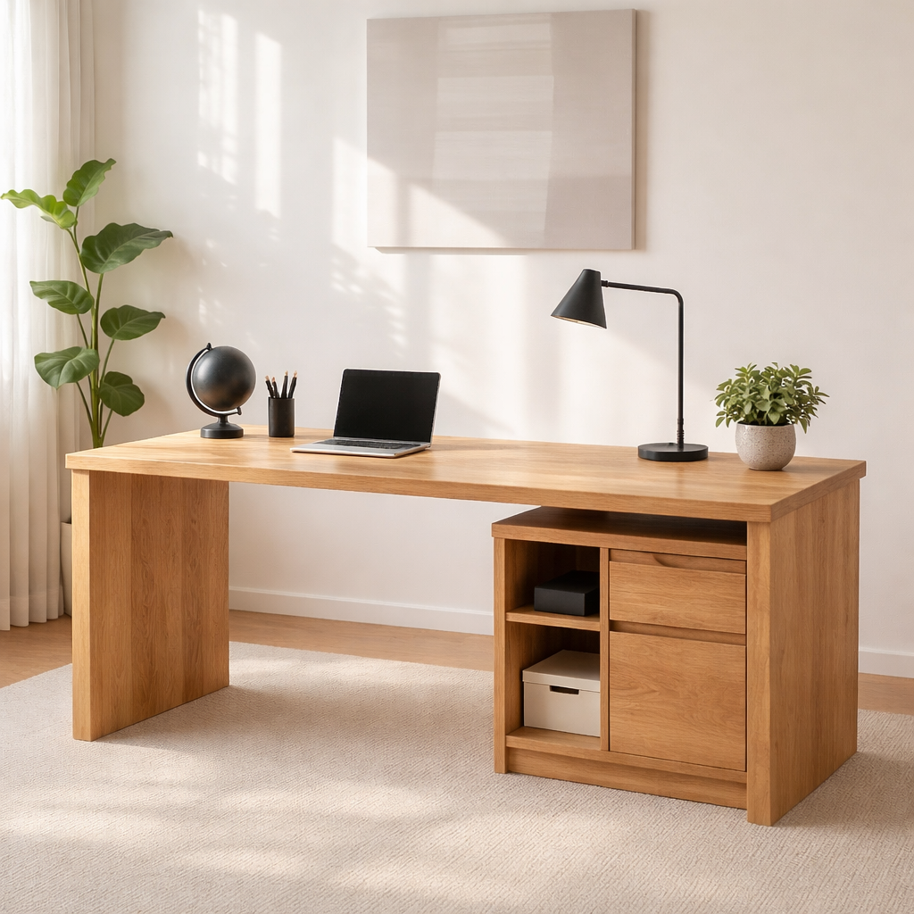 Modern Walnut Desk with Storage Cabinet – Minimalist Home Office Setup