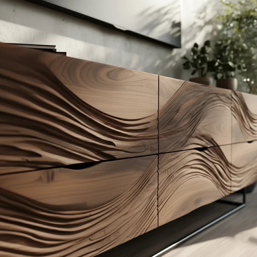 Solid Wood TV Stand Modern Walnut Media Console with Wave Design Storage
