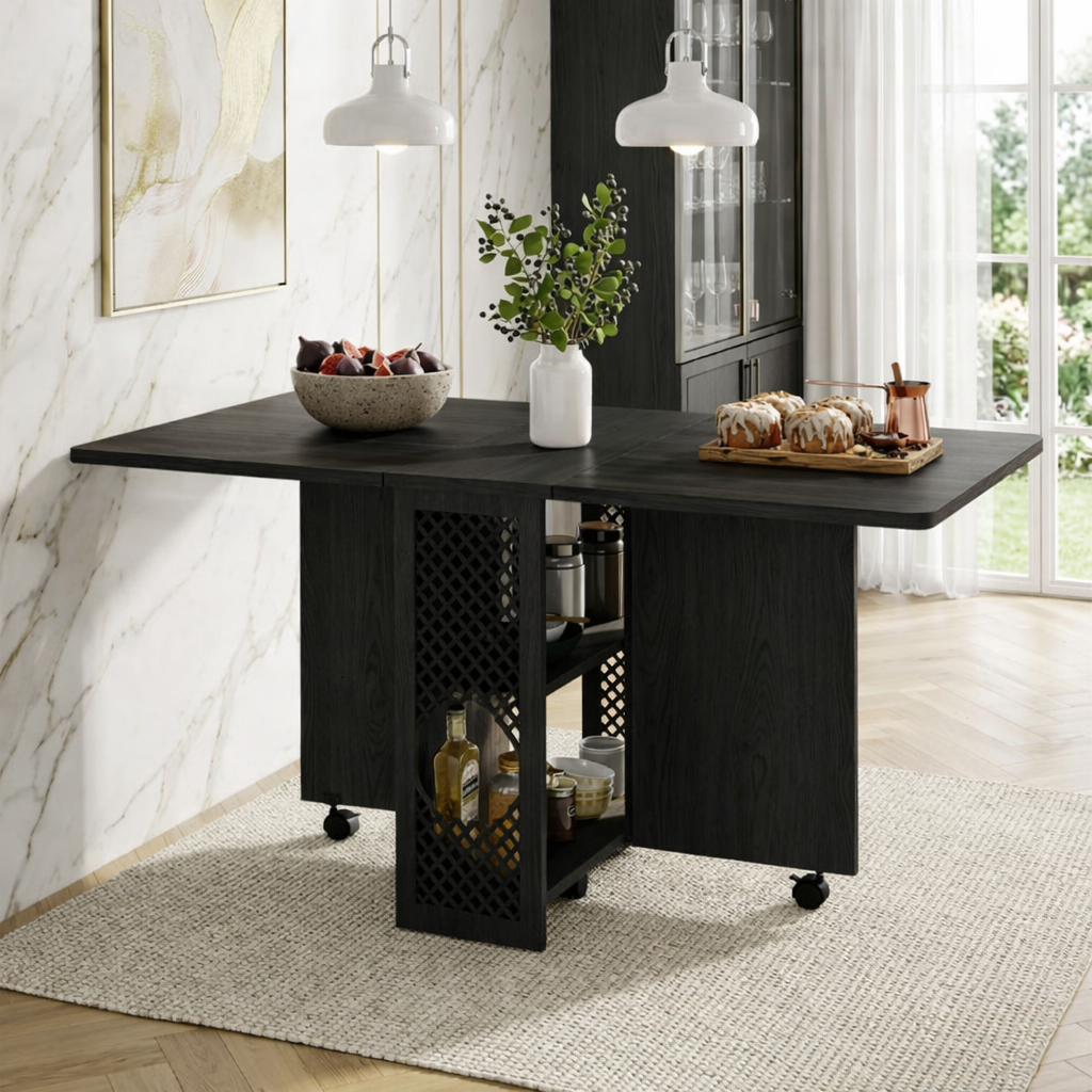 Rolling Kitchen Island with Drop Leaf Table, Storage Shelves, Folding Dining Cart for Small Spaces