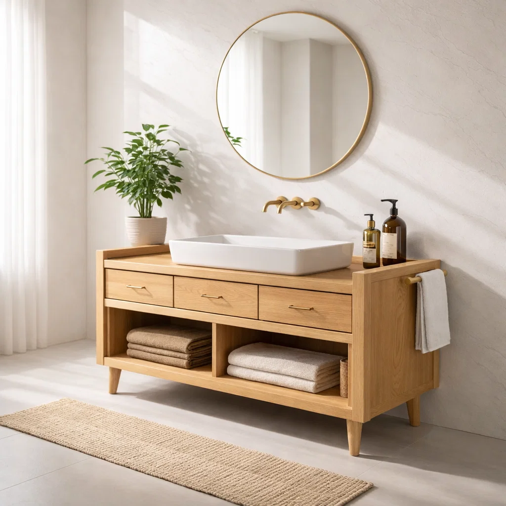 Solid Wood Bathroom Vanity Cabinet with Drawers – Modern Rustic Vanity (No Sink)