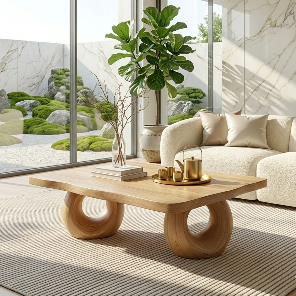 Solid Wood Sculptural Coffee Table with Round Carved Base, Modern Designer Living Room Table