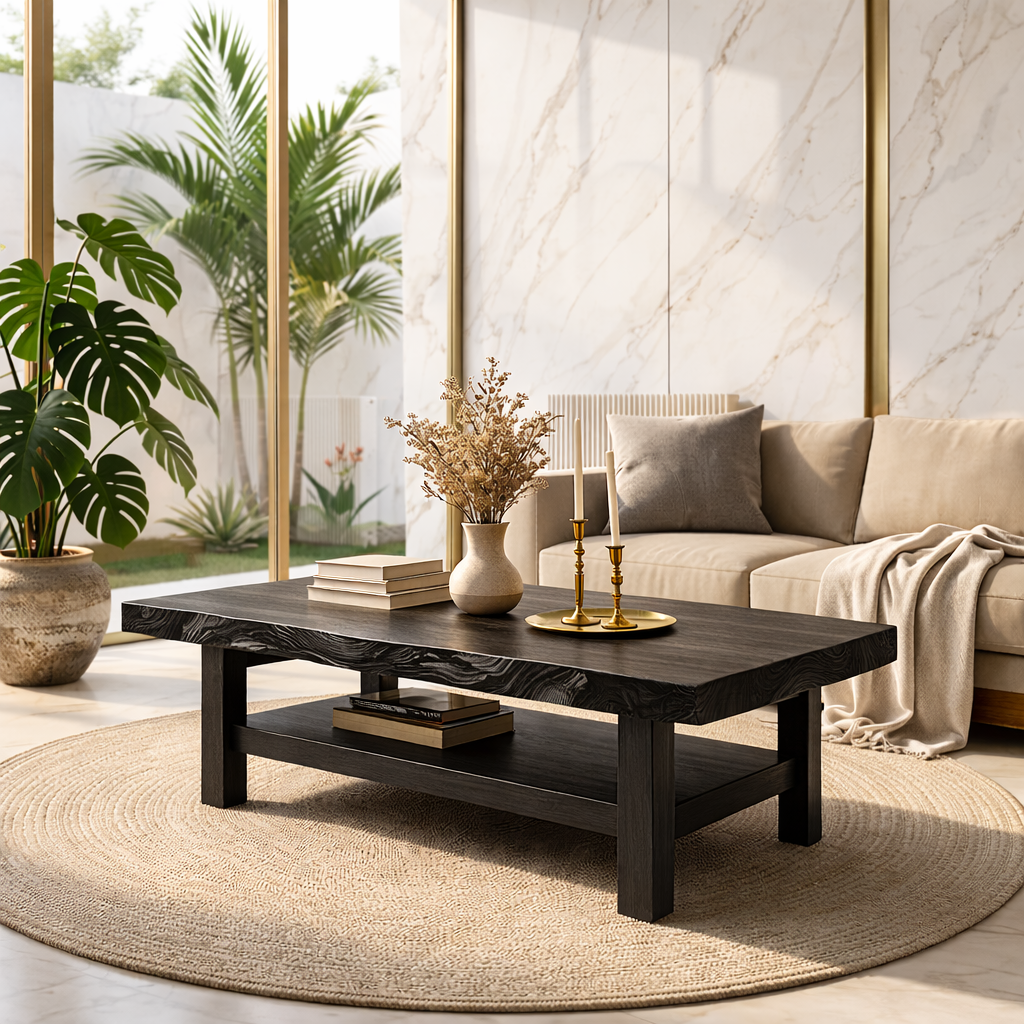 Handcrafted Solid Wood Coffee Table with Open Shelf and Natural Finish