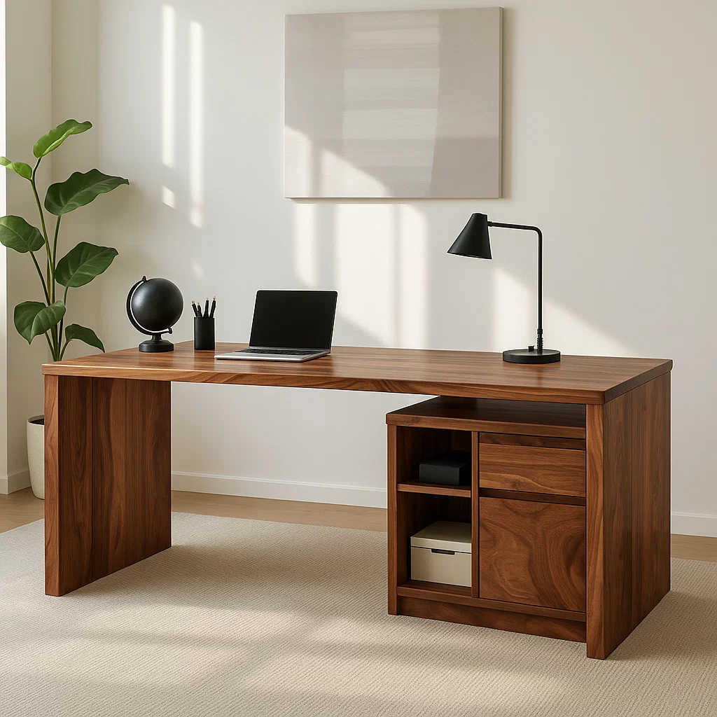Modern Walnut Desk with Storage Cabinet – Minimalist Home Office Setup