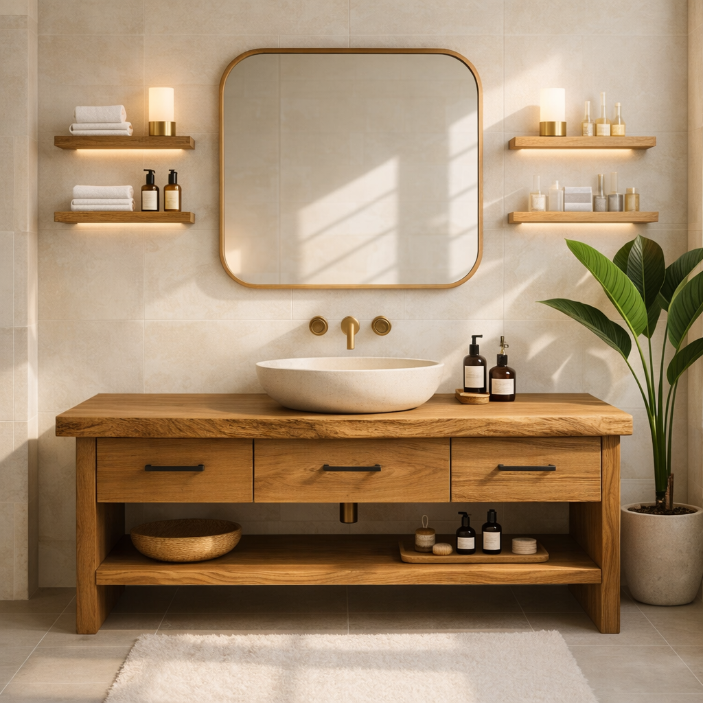 Modern Rustic Solid Wood Bathroom Vanity Cabinet With Drawers And Open Shelf