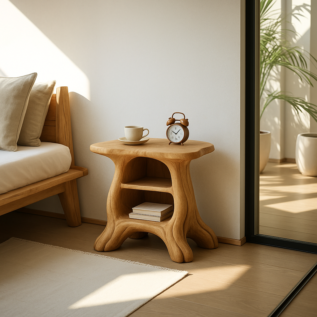 Modern Wooden Nightstand with Curved Base and Spacious Shelves - Wood Design