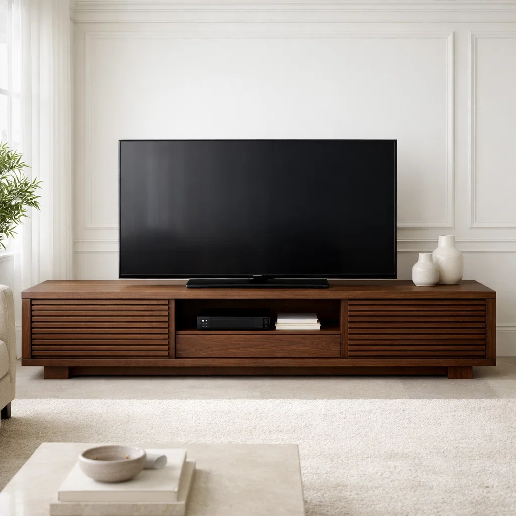Solid Wood Media Console with Slatted Doors, Modern TV Stand with Storage