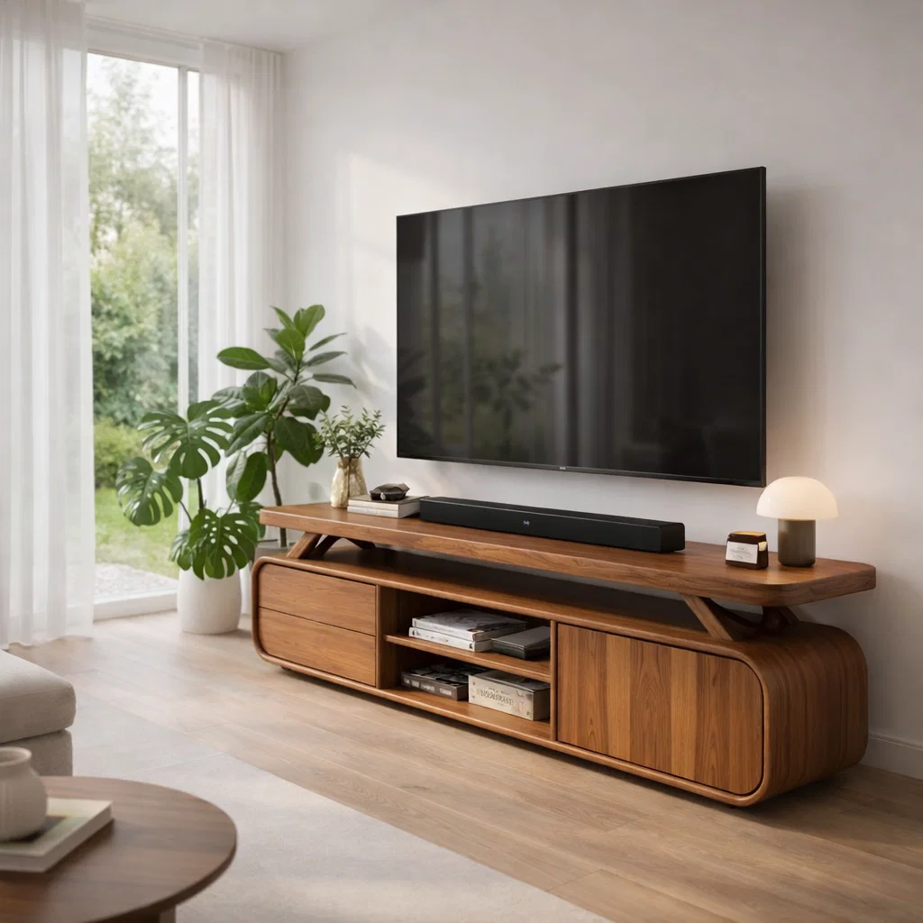 Modern Solid Wood TV Console with Curved Edges & Open Shelf Storage