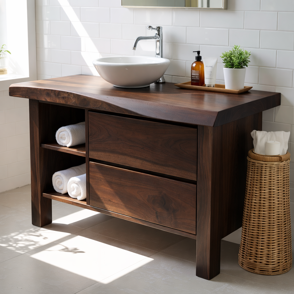 Modern Solid Wood Bathroom Vanity Cabinet With Drawers And Open Shelf