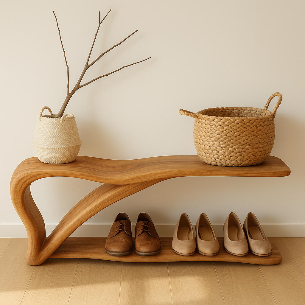 Sculptural Wooden Shoe Storage Bench – Solid Wood Entryway Bench with Shelf