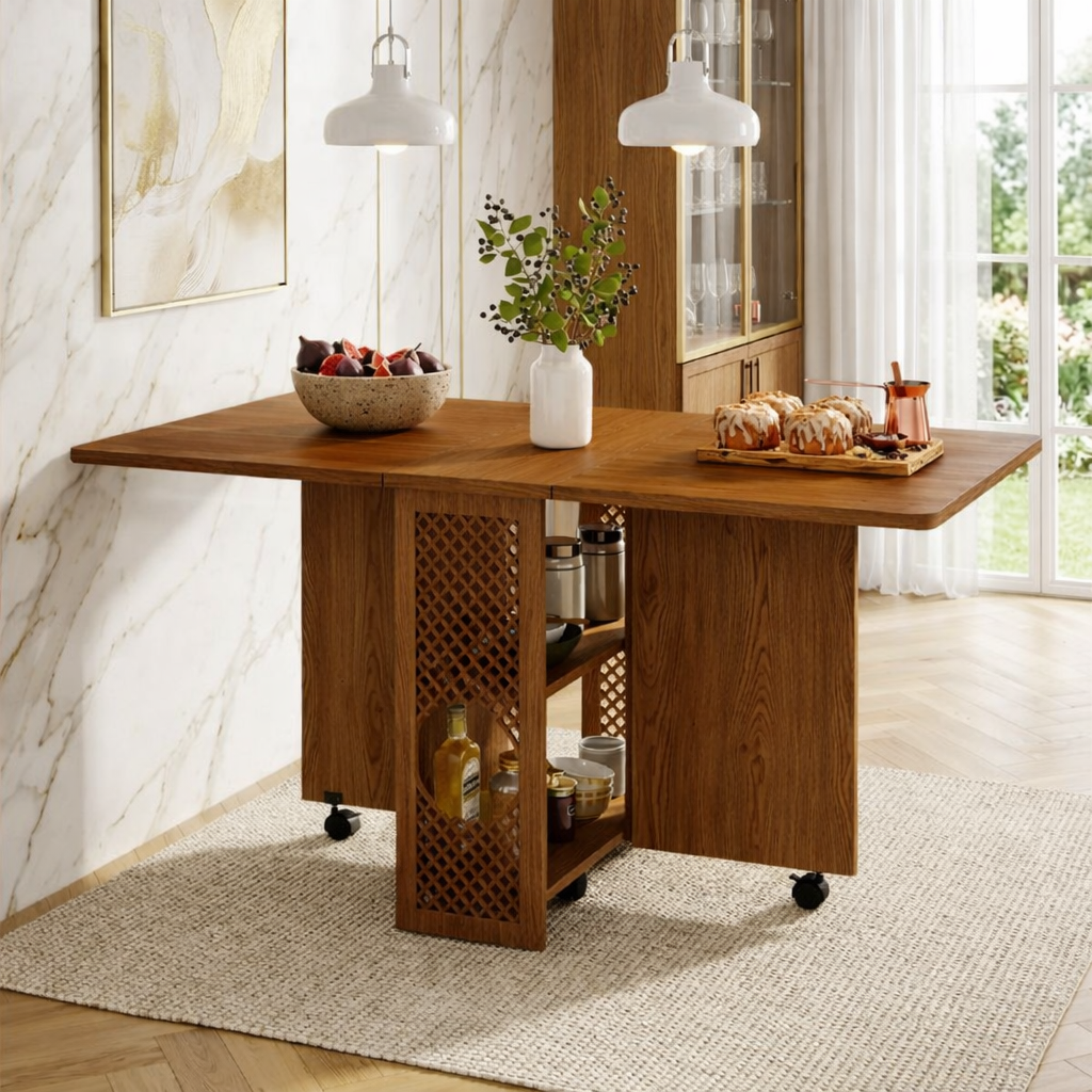Rolling Kitchen Island with Drop Leaf Table, Storage Shelves, Folding Dining Cart for Small Spaces