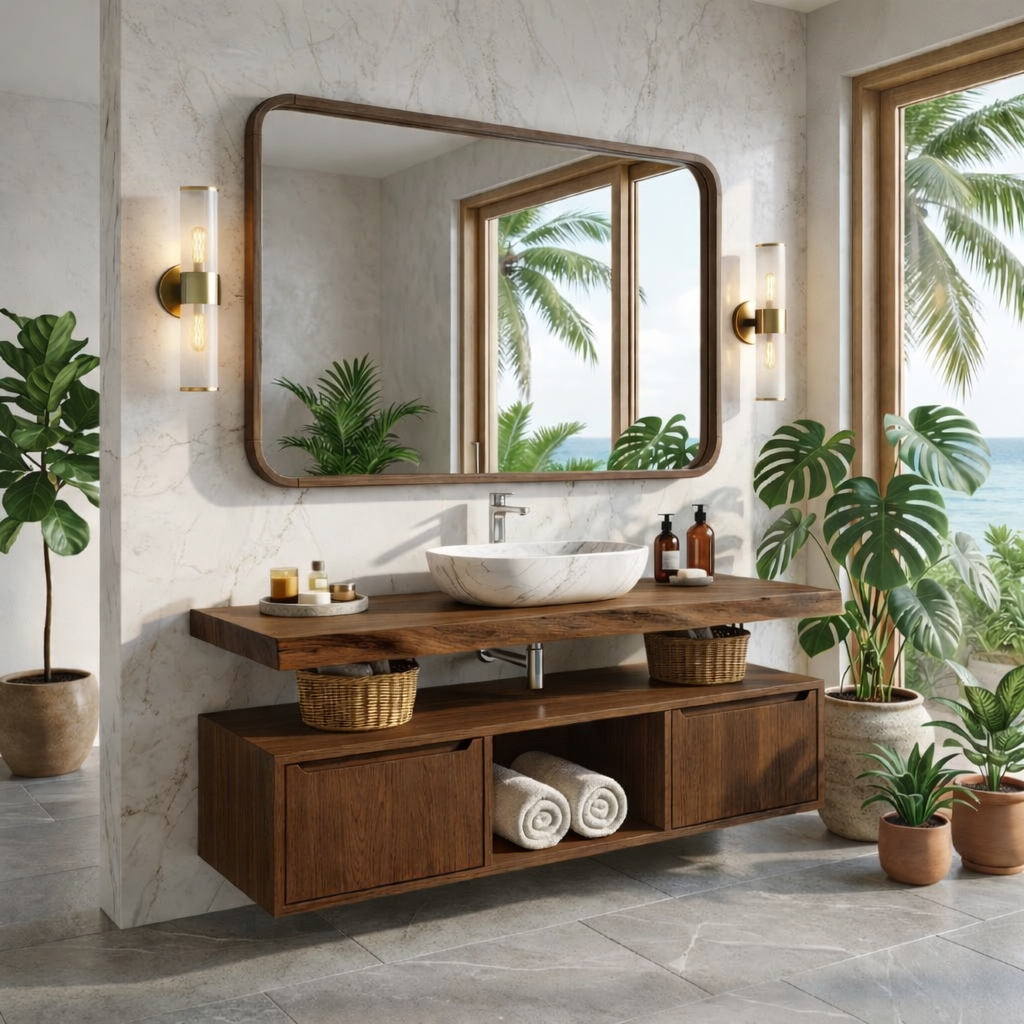 Floating Bathroom Vanity with Natural Wood Design and Spacious Storage