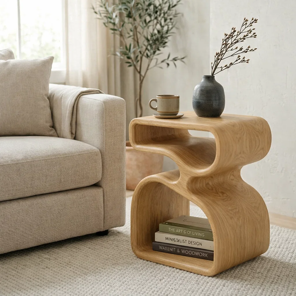 Organic Solid Wood End Table with Sculptural Curves and Storage Shelf