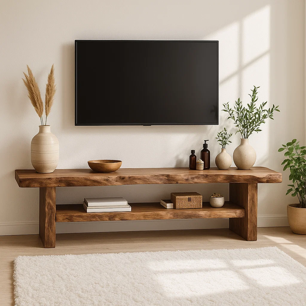 Rustic Solid Wood TV Stand Long Live Edge Media Console Natural Entertainment Unit